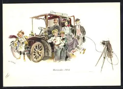 AK Familie fotographiert sich im Mercedes, Fotoapparat, 1904