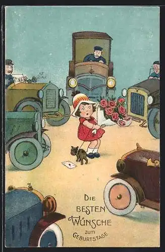 AK Auto, Mädchen m. Blumenstrauss wird von Autos umkreist