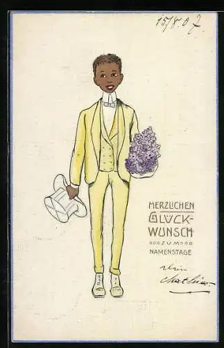 Künstler-AK Junger adretter Mann schenkt zum Namenstag einen Strauss Veilchen