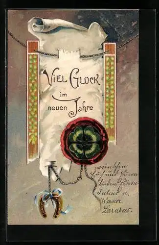 Präge-AK Hufeisen und Kleeblatt zu Neujahr