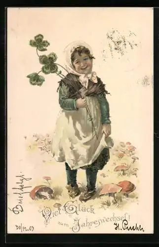 Künstler-AK Neujahr, bäuerliches Mädchen mit Klee in der Hand