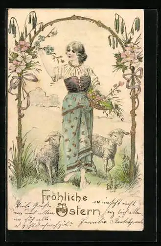 Lithographie Fröhliche Ostern, Maid und Lämmer