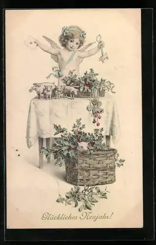 Künstler-AK Neujahrsengel mit Schweinen und Stachelpalmen am Tisch
