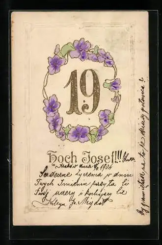 Präge-AK Namenstag Josef, Veilchen umranden die Zahl