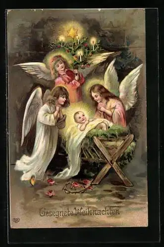 AK Weihnachtsengel mit Jesuskind in der Krippe