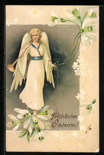 Künstler-AK Osterengel mit Fanfare auf weissen Blumen
