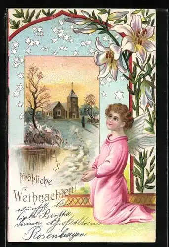 Künstler-AK Weihnachtsengel kniet betend vor der verschneiten Kirche