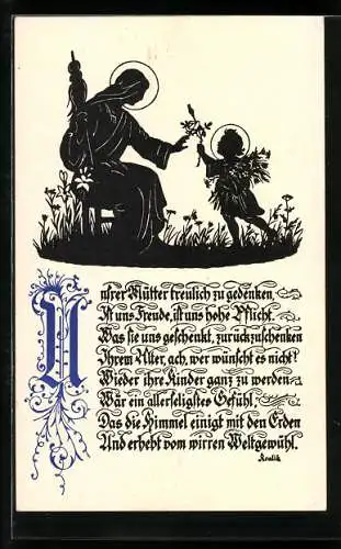 AK Scherenschnitt des heiligen Kindes, welches seiner Mutter Blumen pflückt