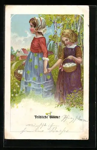 Präge-AK Junge Mädchen Hand in Hand zu Ostern bei der Eiersuche