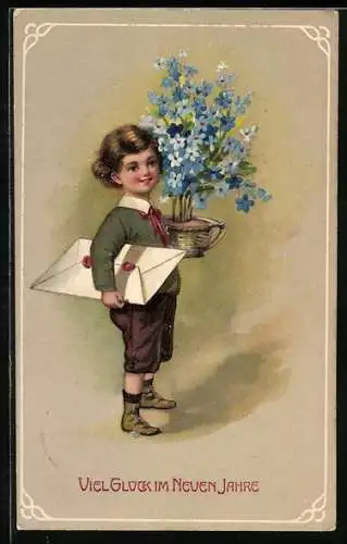Präge-AK Kind mit riesigem Brief und Vergissmeinnicht zu Neujahr