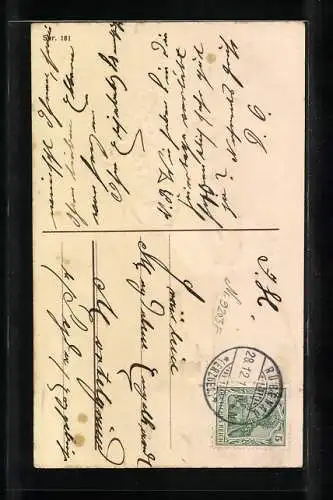 Präge-AK Kind mit riesigem Brief und Vergissmeinnicht zu Neujahr