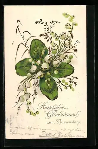 Präge-AK Glückwünsche zum Namenstag mit weissen Blumen und Kleeblatt