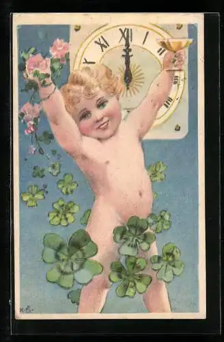 Künstler-AK Kleiner Bub mit Kleeblättern und Rosen zu Neujahr