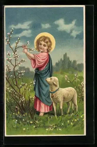 AK Jesus pflückt mit dem Osterlamm Weidenkätzchen, Gesegnete Ostern