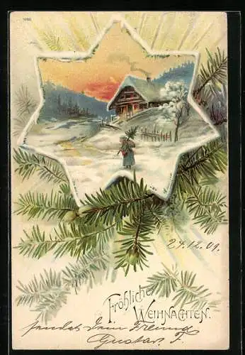 AK Fröhliche Weihnachten, Weihnachtsmann mit Tannenbaum auf den Weg zum verschneiten Haus