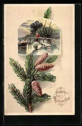 Präge-AK Frau zu Weihnachten an einer Brücke am See