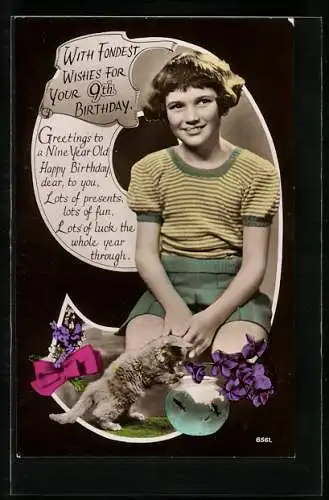 AK Junges Mädchen mit Katze zum Geburtstag