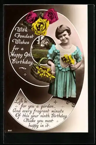 AK Junges Mädchen mit Rosen erfreut über den 9. Geburtstag