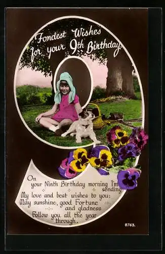 AK Mädchen mit Hund beim Picknick zum Geburtstag