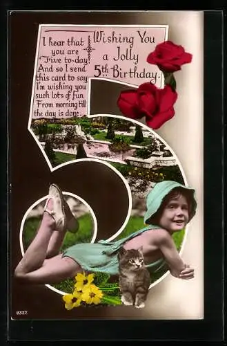 AK Junges Kind zum Geburtstag auf einer Wiese mit Katzenjunges