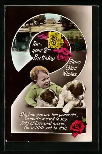 AK Kleinkind mit Welpen zum Geburtstag, Rosen und Seeansicht
