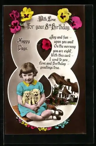 AK Zwei Welpen zum Geburtstag, Kleines Mädchen hält die Hunde im Arm