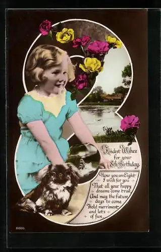 AK Kleines Mädchen mit Welpe zum 8. Geburtstag