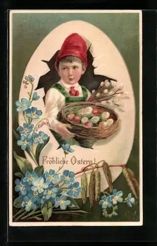 AK Junge mit einem Korb voller Ostereier blickt durch das aufgesprungene Osterei, Joyeuses Paques