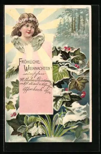 Präge-AK Weihnachtsengel über einem Beerenbusch im Schnee