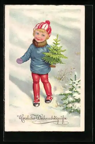 Künstler-AK Kind zu Weihnachten mit kleinem Tannenbaumspielzeug im Schnee