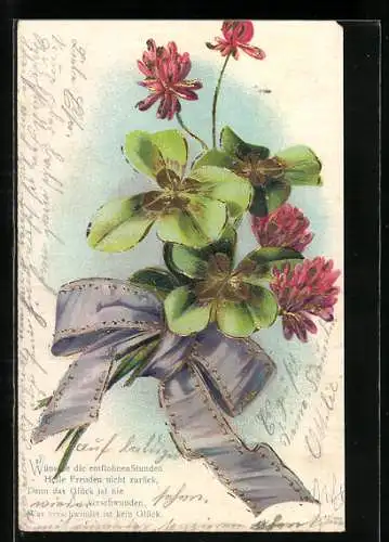 Künstler-AK Kleeblätter und rote Blumen mit Schleife zusammengebunden