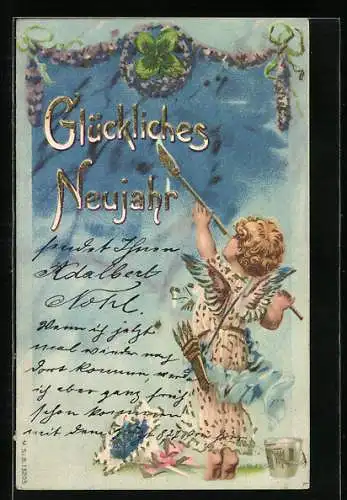 Künstler-AK Neujahrsengel bemalt fleissig das Banner