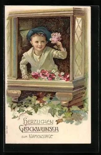 Präge-AK Junger Bube reicht zum Namenstag eine Rose aus dem Fenster