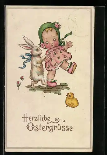 Künstler-AK Osterhase geht mit Kind an der Hand spazieren
