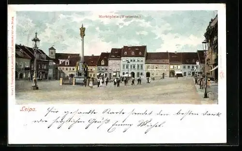 AK Leipa / Ceska Lipa, Marktplatz mit Denkmal und Passanten