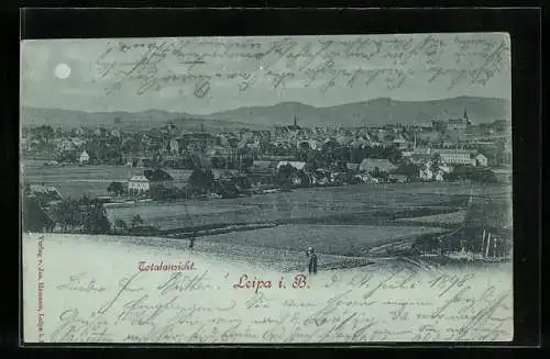 Mondschein-AK Leipa i. B., Totalansicht bei Vollmond