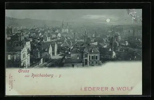 Mondschein-AK Reichenberg i. B., Ortsansicht mit Firma Lederer & Wolf