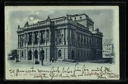 Mondschein-AK Reichenberg, Blick auf das Stadttheater