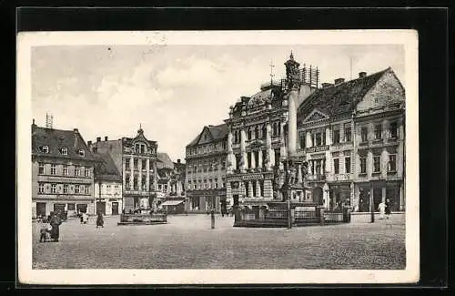 AK Böhm. Leipa, Sparkasse und Denkmal am Marktplatz