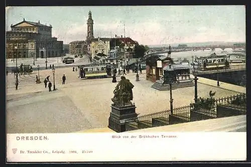 AK Dresden, Blick von der Brühl'schen Terrasse auf die Altstadt, Strassenbahnen