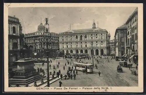 AK Genova, Piazza De Ferrari, Palazzo della NGI, Strassenbahn