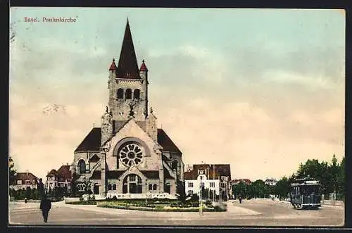 AK Basel, Strassenbahn an der Pauluskirche