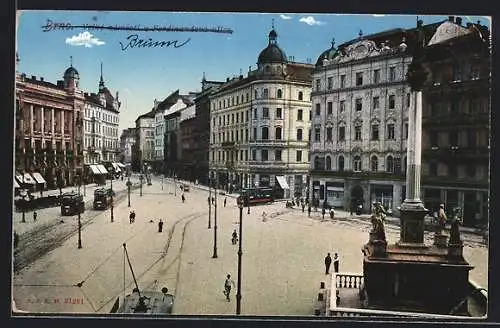 AK Brno, Velké námesti a Ferdinandova ulica, Strassenbahn