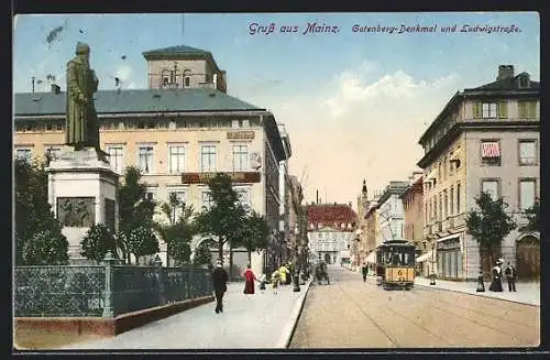 AK Mainz, Gutenberg-Denkmal, Ludwigstrasse mit Strassenbahn