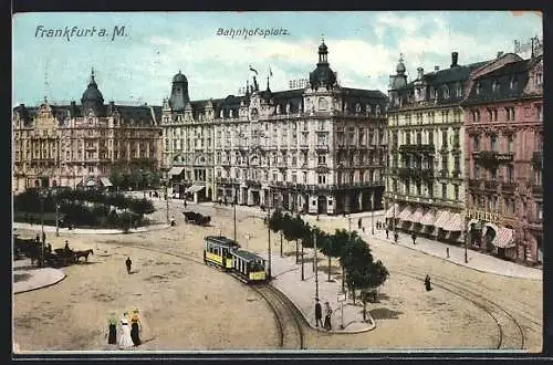 AK Frankfurt a. M., Strassenbahn auf dem Bahnhofsplatz