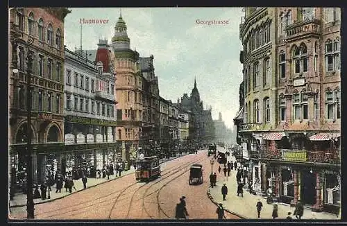 AK Hannover, Strassenbahn in der Georgstrasse nebst Wiener Café