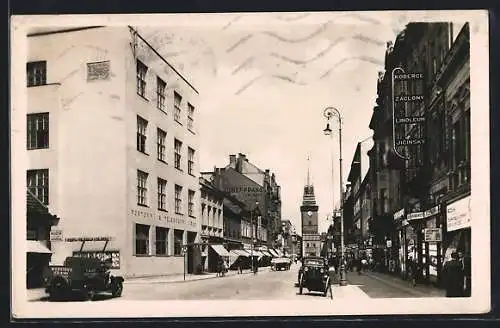 AK Pardubice, Strassenpartie mit Geschäften & Telegraphen Amt