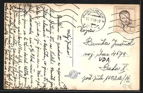 AK Pardubice, Strassenpartie mit Geschäften & Telegraphen Amt