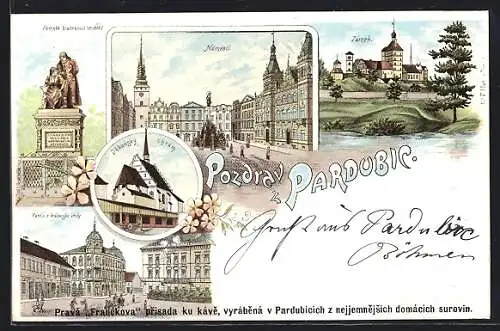 Lithographie Pardubice, Namesti, Zamek, Pomnik bratrancu Veverku
