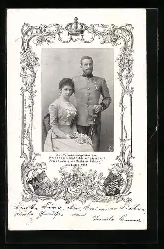 AK Prinzessin Mathilde von Bayern mit Prinz Ludwig von Sachsen-Coburg-Gotha in Uniform